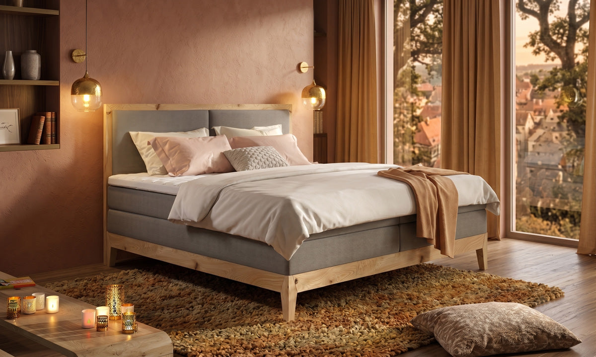 Luxusbetten24 Ida Boxspringbett aus Massiver Eiche, Grau, 140x200, H3
