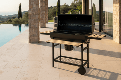 BarrelPro Holzkohlegrill mit Deckel, Thermometer und Ablagen – Schwarz