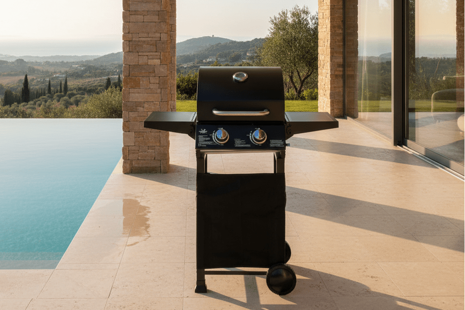BarbecuePro Gas Grillwagen – Schwarz, 2‑Brenner, Thermometer, Klappbare Tische
