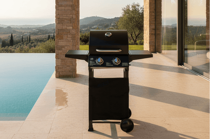 BarbecuePro Gas Grillwagen – Schwarz, 2‑Brenner, Thermometer, Klappbare Tische