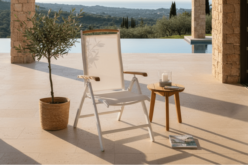 Polis Gartenstuhl Set, Weiß, Klappstuhl mit Aluminiumgestell und Teakholz-Armlehnen