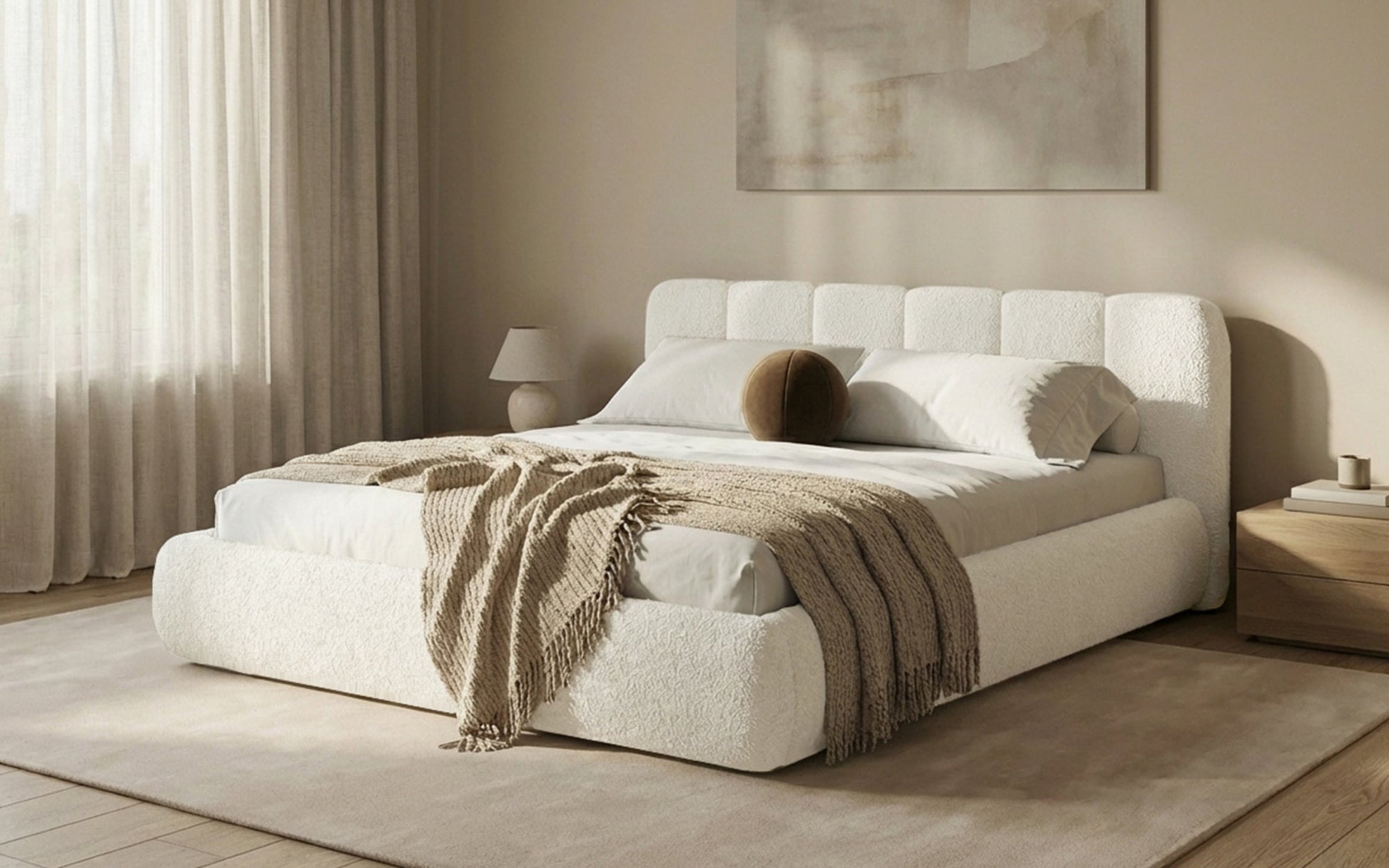 Avelo Polsterbett Bouclé mit Stauraum 200×200 cm Weiß