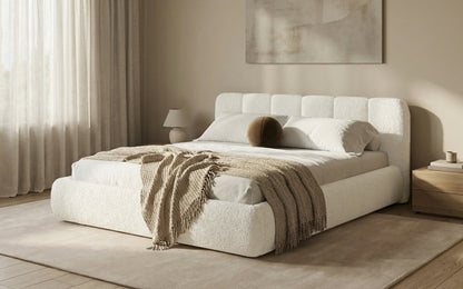 Avelo Polsterbett Bouclé mit Stauraum 200×200 cm Weiß