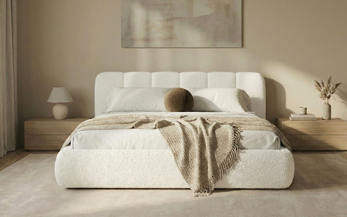 Avelo Polsterbett Bouclé mit Stauraum 200×200 cm Weiß