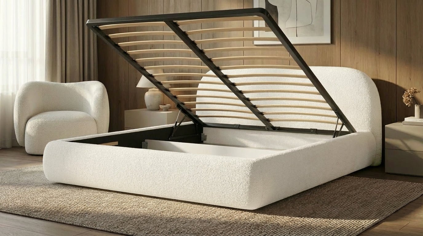 Luxusbetten24 Luma Designer Polsterbett Bouclé mit Stauraum Schlafzimmer