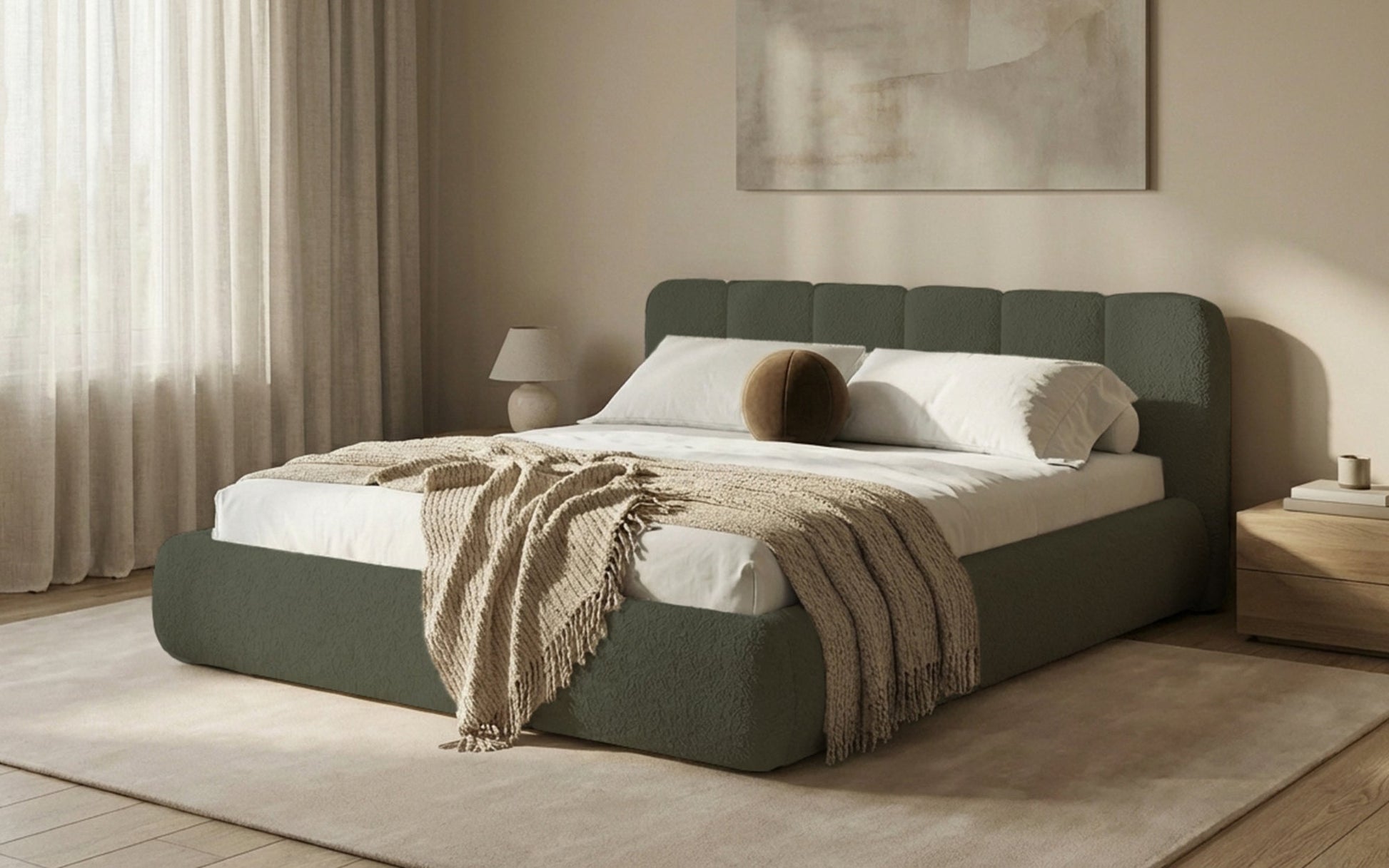 Avelo Polsterbett Bouclé mit Stauraum 200×200 cm Weiß