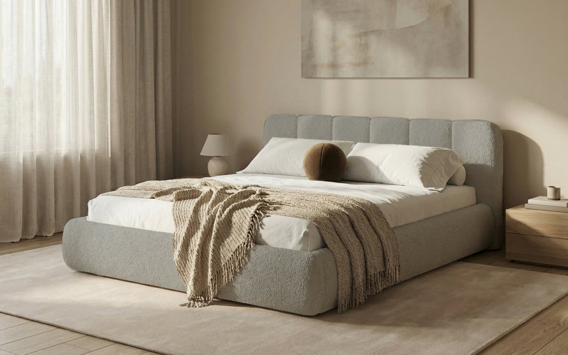 Avelo Polsterbett Bouclé mit Stauraum 200×200 cm Weiß