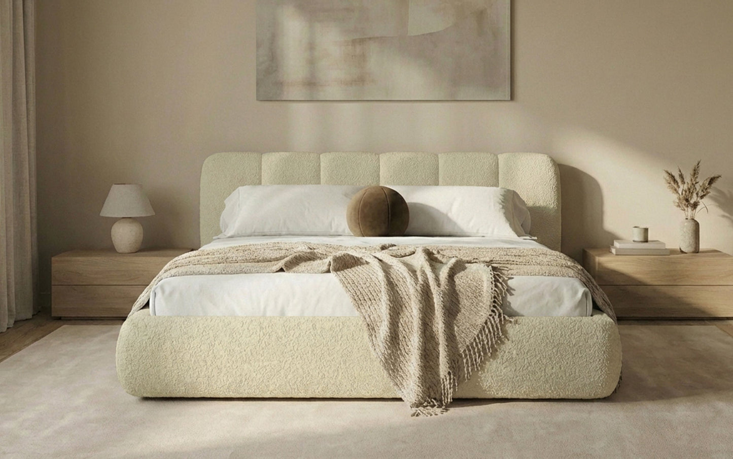 Avelo Polsterbett Bouclé mit Stauraum 200×200 cm Weiß