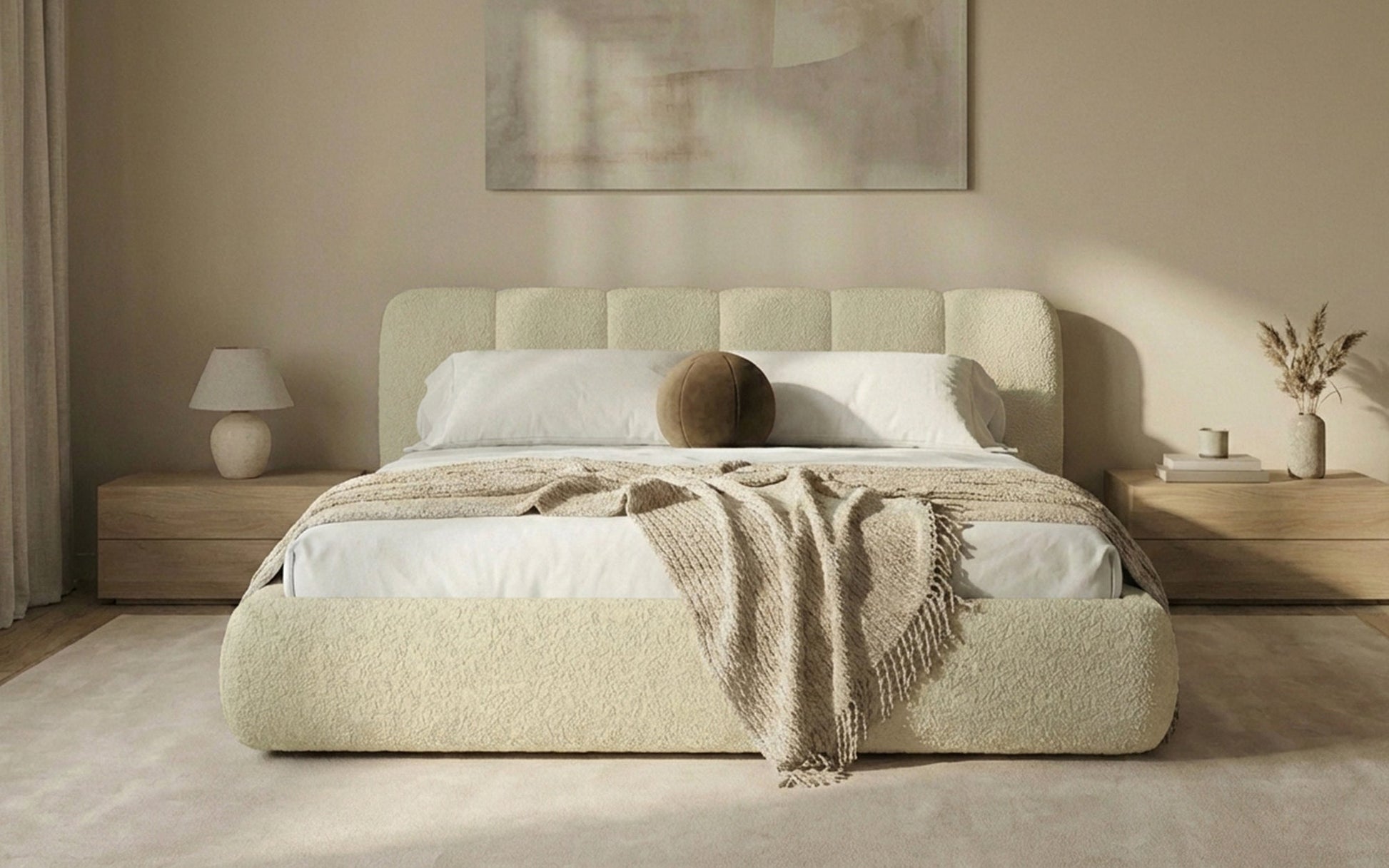 Avelo Polsterbett Bouclé mit Stauraum 200×200 cm Weiß