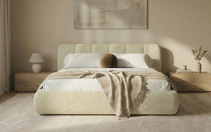 Avelo Polsterbett Bouclé mit Stauraum 200×200 cm Weiß