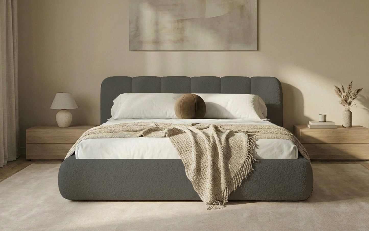 Avelo Polsterbett Bouclé mit Stauraum 200×200 cm Weiß