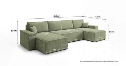 Designer Sofa Lunaro U Mini mit Schlaffunktion und Stauraum in Cord