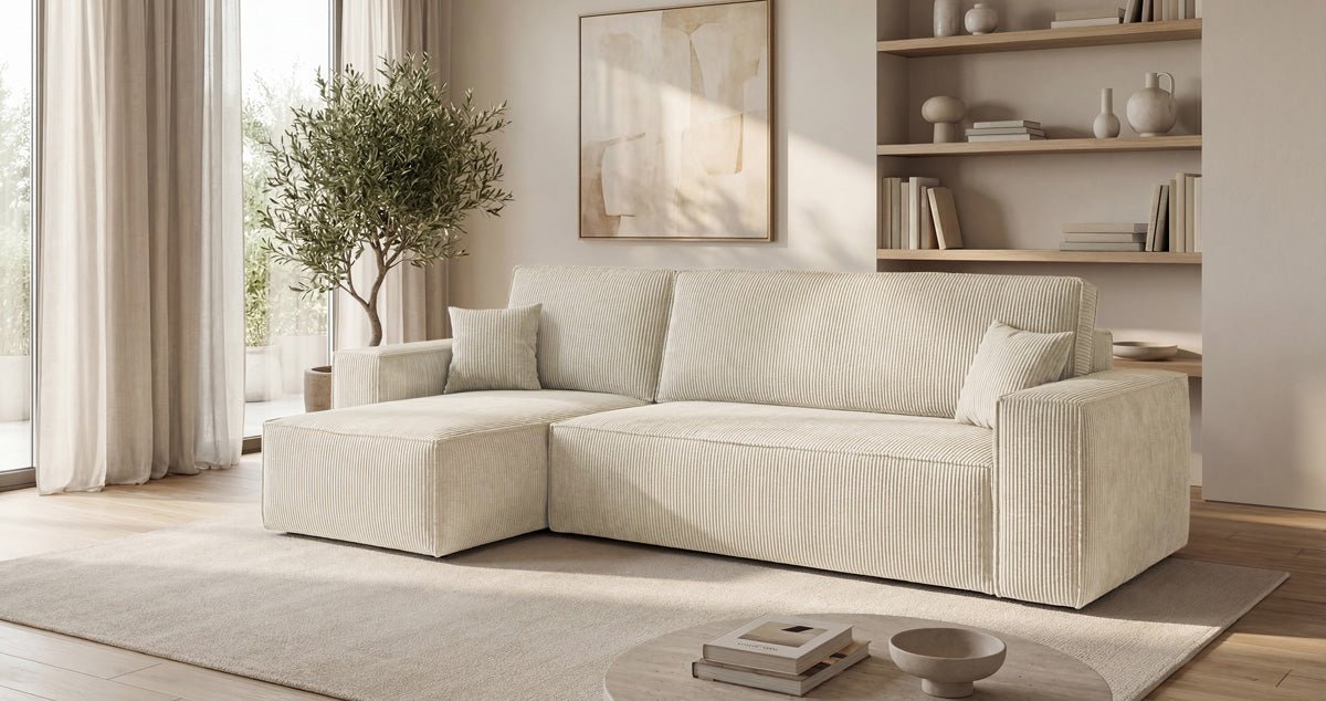 Designer Sofa Lunaro Mini Cord mit Schlaf- und Klappfunktion