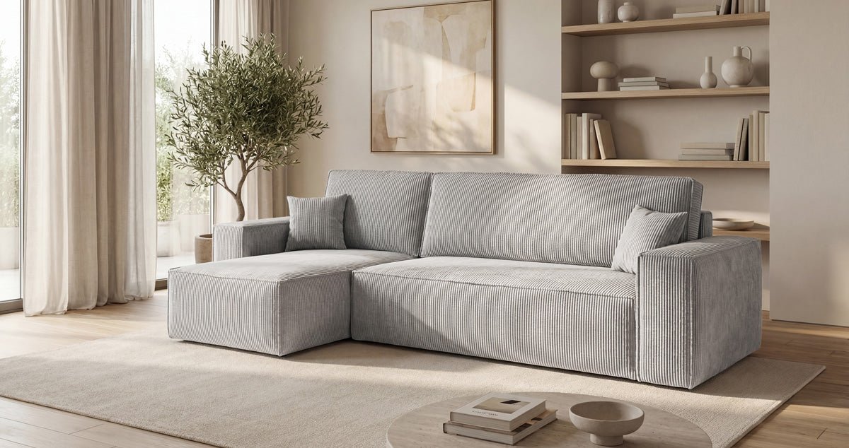 Designer Sofa Lunaro Mini Cord mit Schlaf- und Klappfunktion