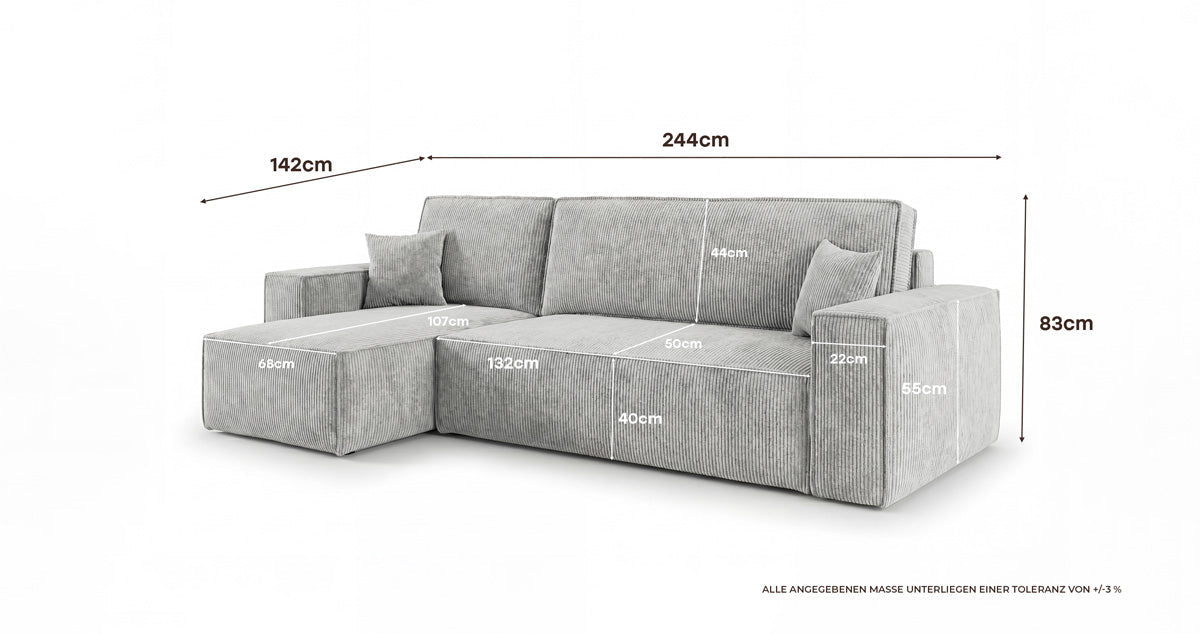Designer Sofa Lunaro Mini Cord mit Schlaf- und Klappfunktion