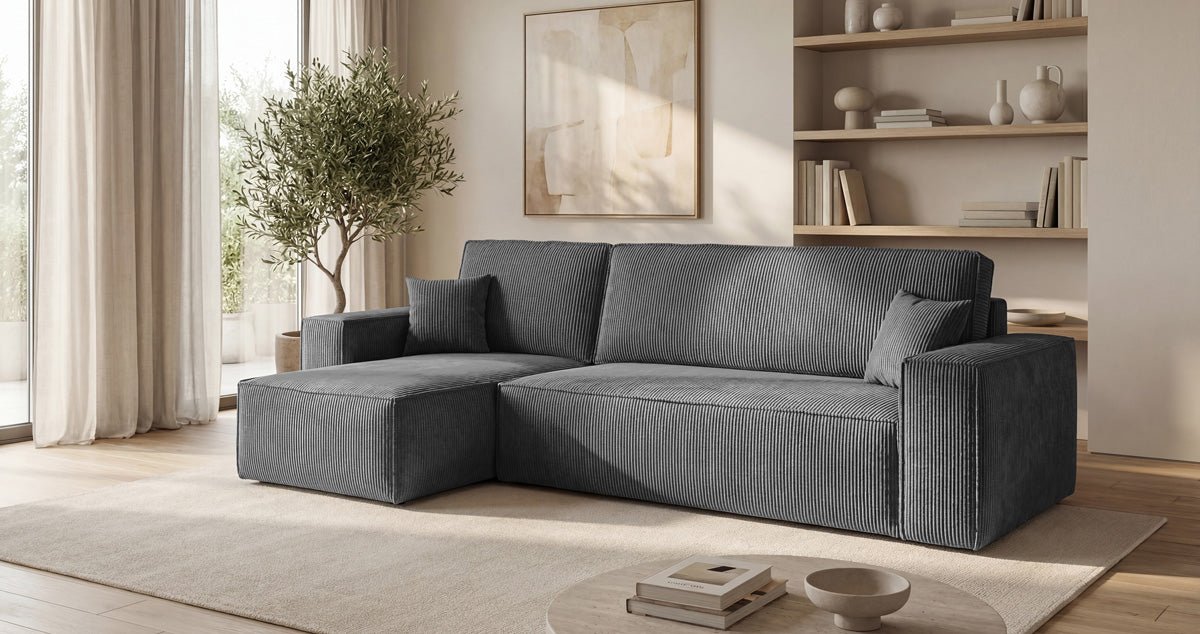 Designer Sofa Lunaro Mini Cord mit Schlaf- und Klappfunktion