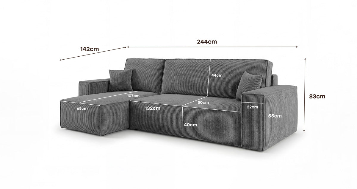 Designer Sofa Lunaro Mini Cord mit Schlaf- und Klappfunktion