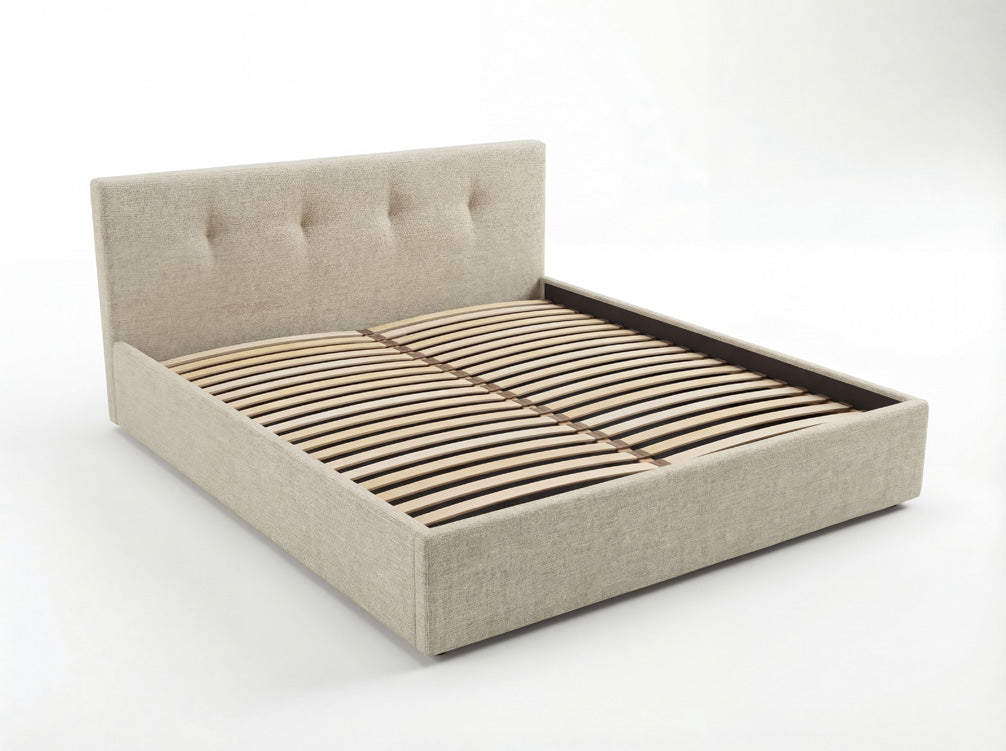 Luxusbetten24 Alva Samt‑Polsterbett mit Stauraum – 140‑200 cm, Beige und Grau