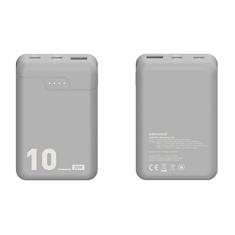 EDENWOOD Batería de Emergencia 10 000 mAh Negra Powerbank con Garantía 3 Años