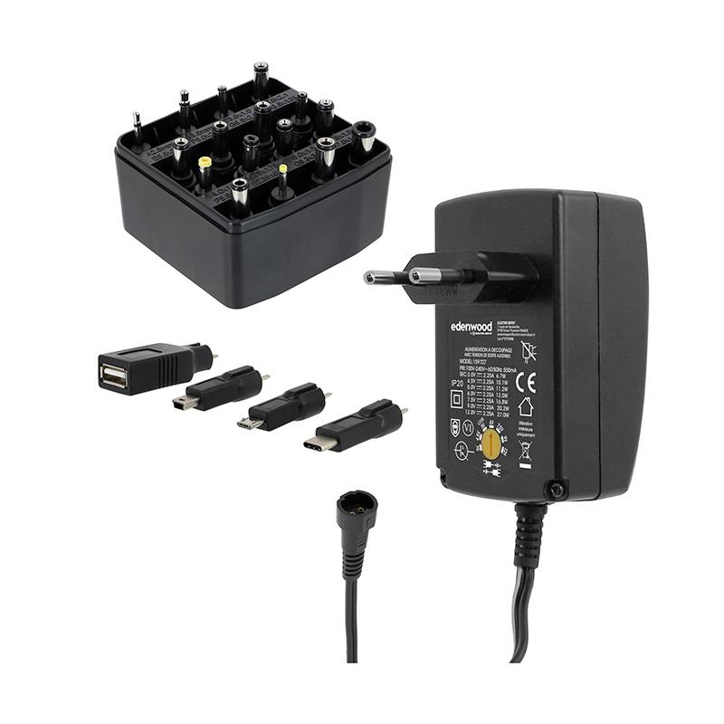 EDENWOOD Fuente Universal 27W 3‑12 V USB‑C + 20 Conectores