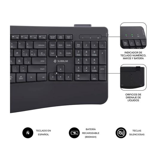 SUBBLIM Office ProWave Pack Teclado+Ratón Ergonómico Negro