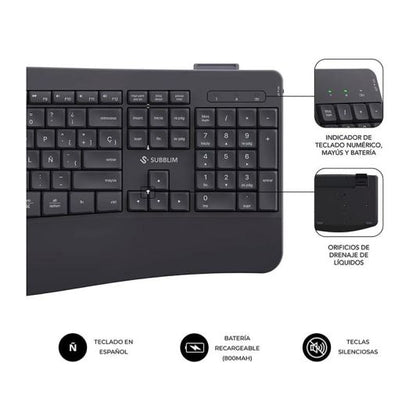 SUBBLIM Office ProWave Pack Teclado+Ratón Ergonómico Negro