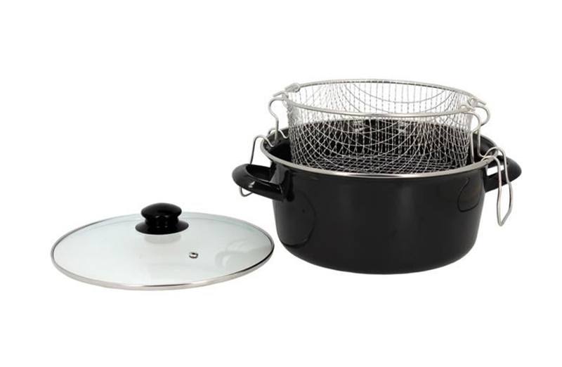 MENASTYL 26cm Edelstahl‑Fritteuse mit emaillierter Korb und Glasdeckel