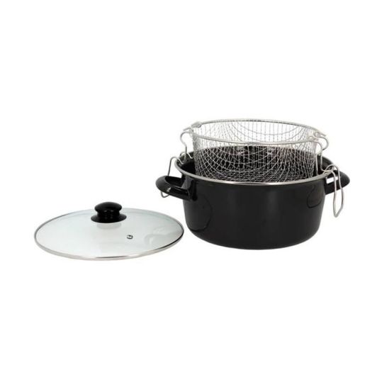 MENASTYL 26cm Edelstahl‑Fritteuse mit emaillierter Korb und Glasdeckel