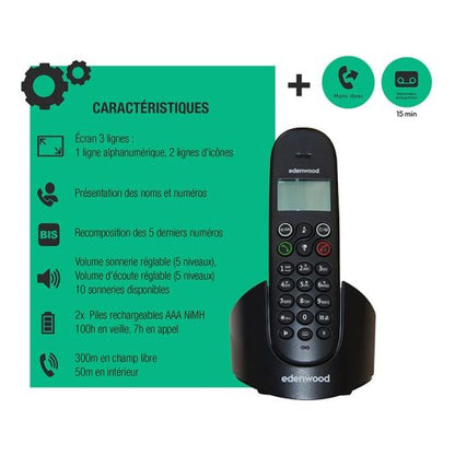 Edenwood Teléfono Fijo Negro 7h Autonomía con Contestador Automático