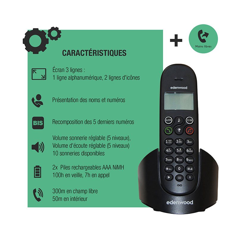 Edenwood Teléfono Fijo Negro 7h Autonomía 20 Contactos