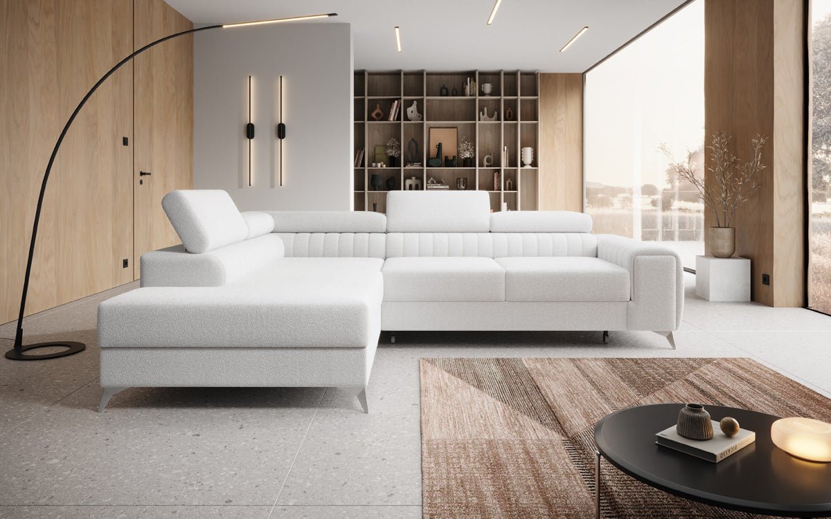 Luxusbetten24 Aurea L Designer Sofa mit Schlaf‑Klappfunktion, Bouclé