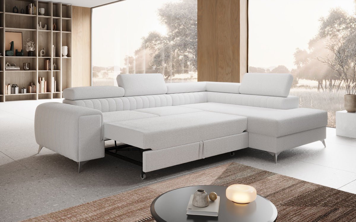 Luxusbetten24 Aurea L Designer Sofa mit Schlaf‑Klappfunktion, Bouclé