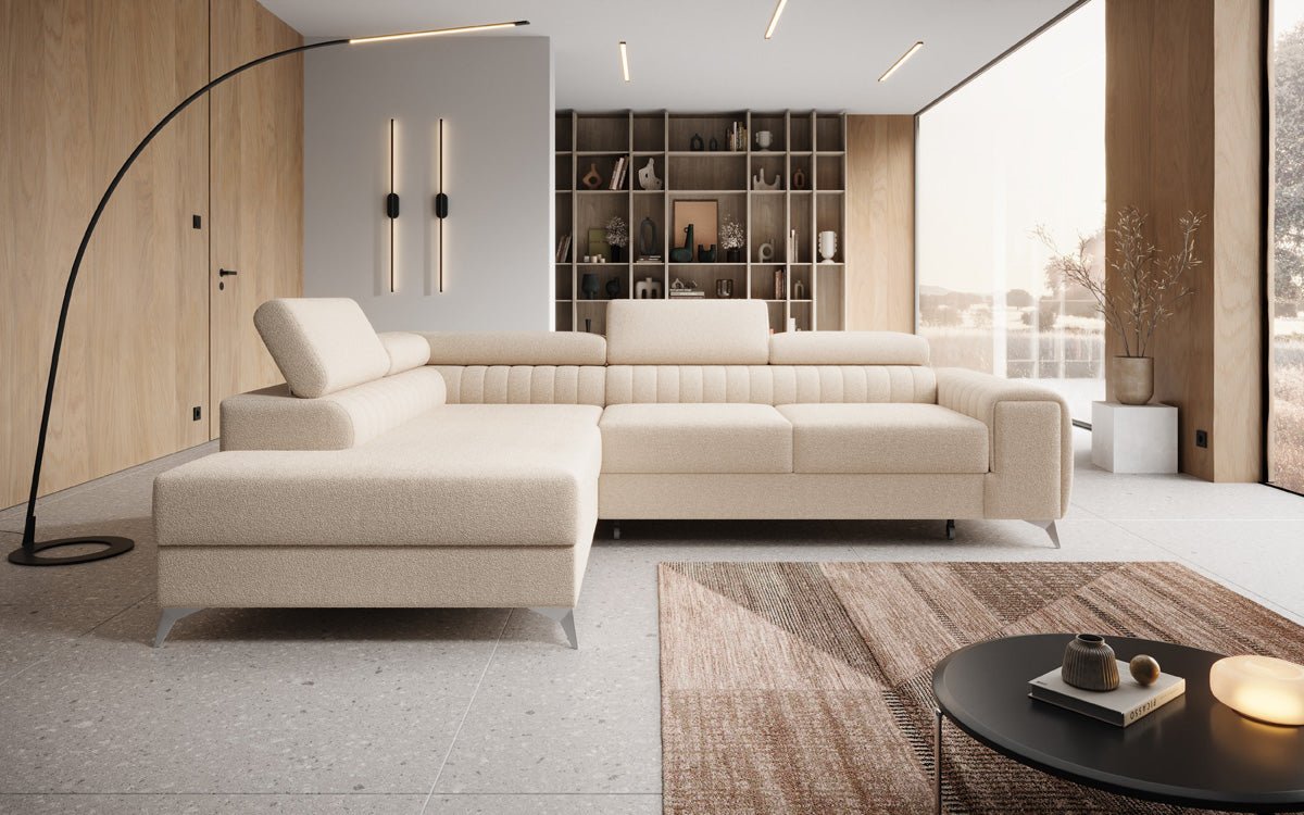 Luxusbetten24 Aurea L Designer Sofa mit Schlaf‑Klappfunktion, Bouclé