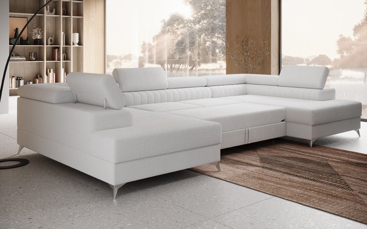 Luxusbetten24 Aurea U Sofa mit Schlaf‑ und Klappfunktion in Bouclé