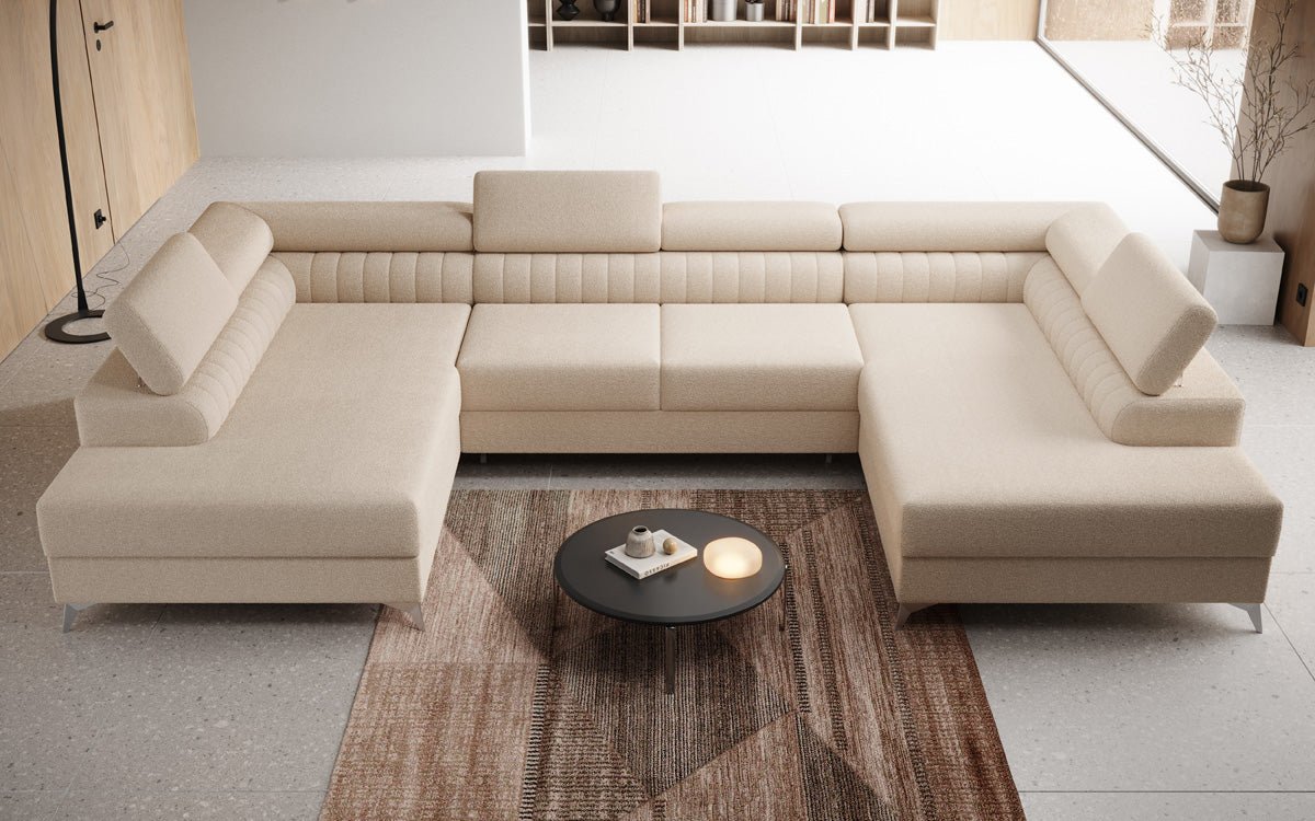 Luxusbetten24 Aurea U Sofa mit Schlaf‑ und Klappfunktion in Bouclé