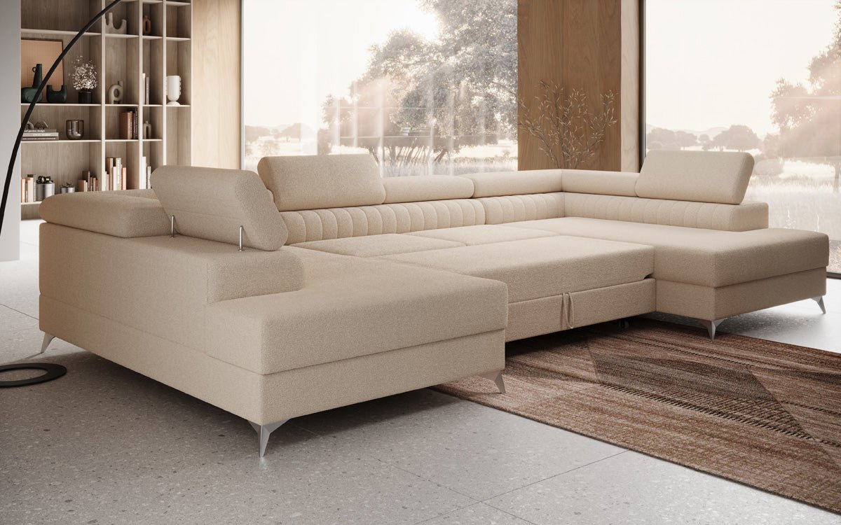 Luxusbetten24 Aurea U Sofa mit Schlaf‑ und Klappfunktion in Bouclé