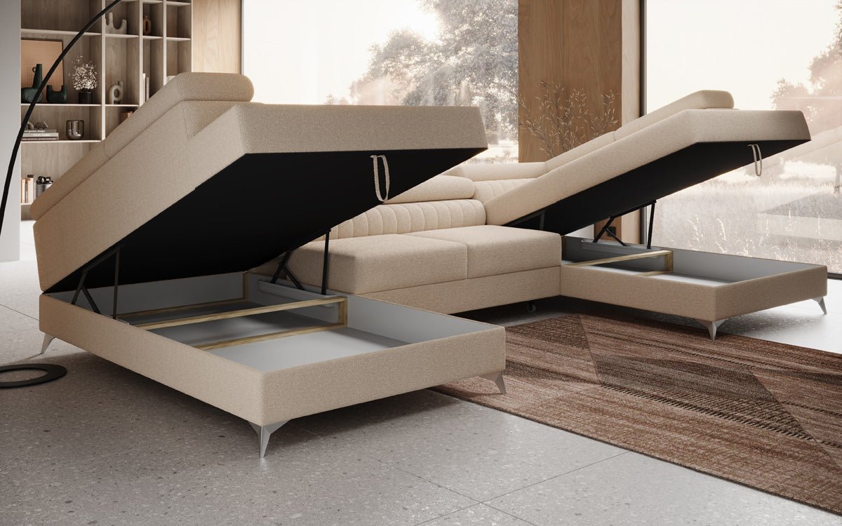 Luxusbetten24 Aurea U Sofa mit Schlaf‑ und Klappfunktion in Bouclé