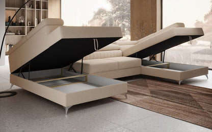 Luxusbetten24 Aurea U Sofa mit Schlaf‑ und Klappfunktion in Bouclé