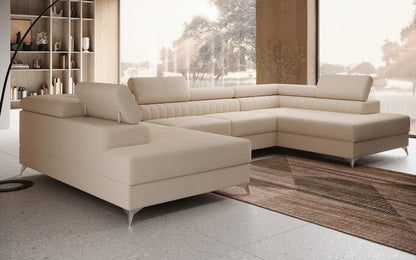 Luxusbetten24 Aurea U Sofa mit Schlaf‑ und Klappfunktion in Bouclé