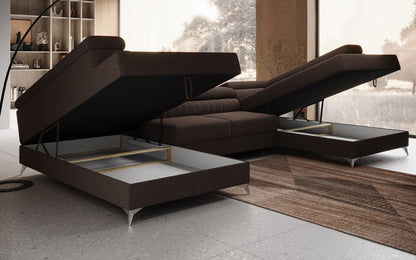 Luxusbetten24 Aurea U Sofa mit Schlaf‑ und Klappfunktion in Bouclé
