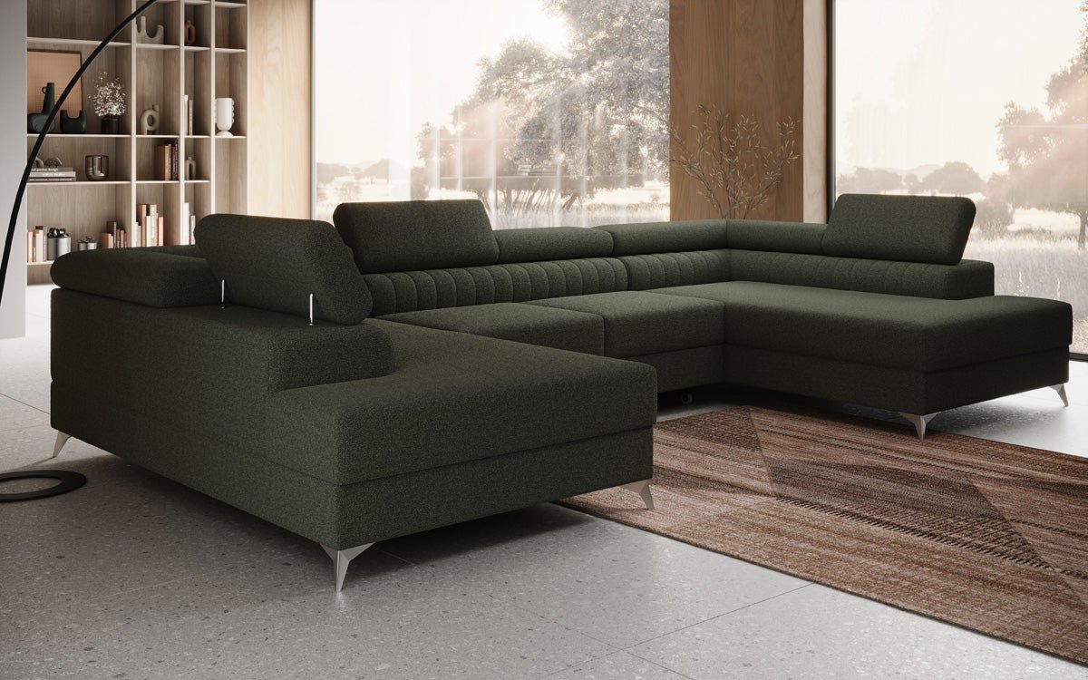 Luxusbetten24 Aurea U Sofa mit Schlaf‑ und Klappfunktion in Bouclé