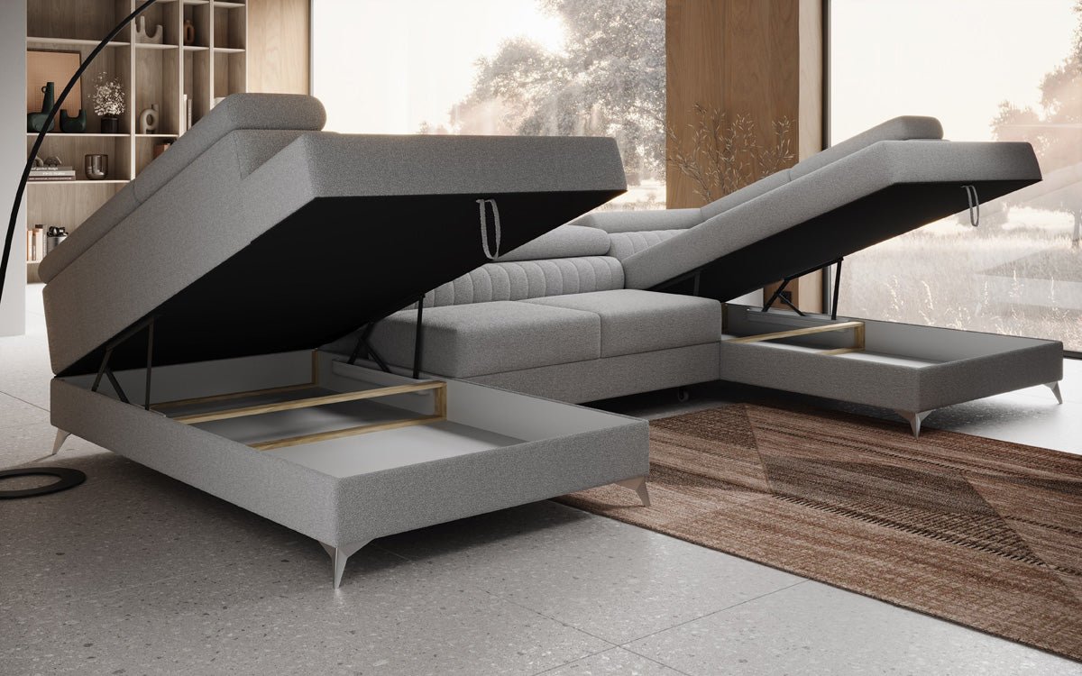 Luxusbetten24 Aurea U Sofa mit Schlaf‑ und Klappfunktion in Bouclé