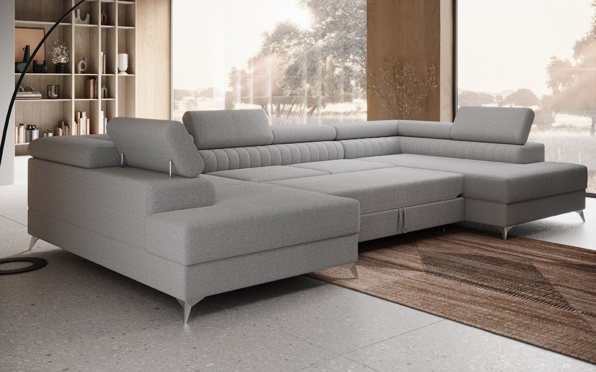 Luxusbetten24 Aurea U Sofa mit Schlaf‑ und Klappfunktion in Bouclé