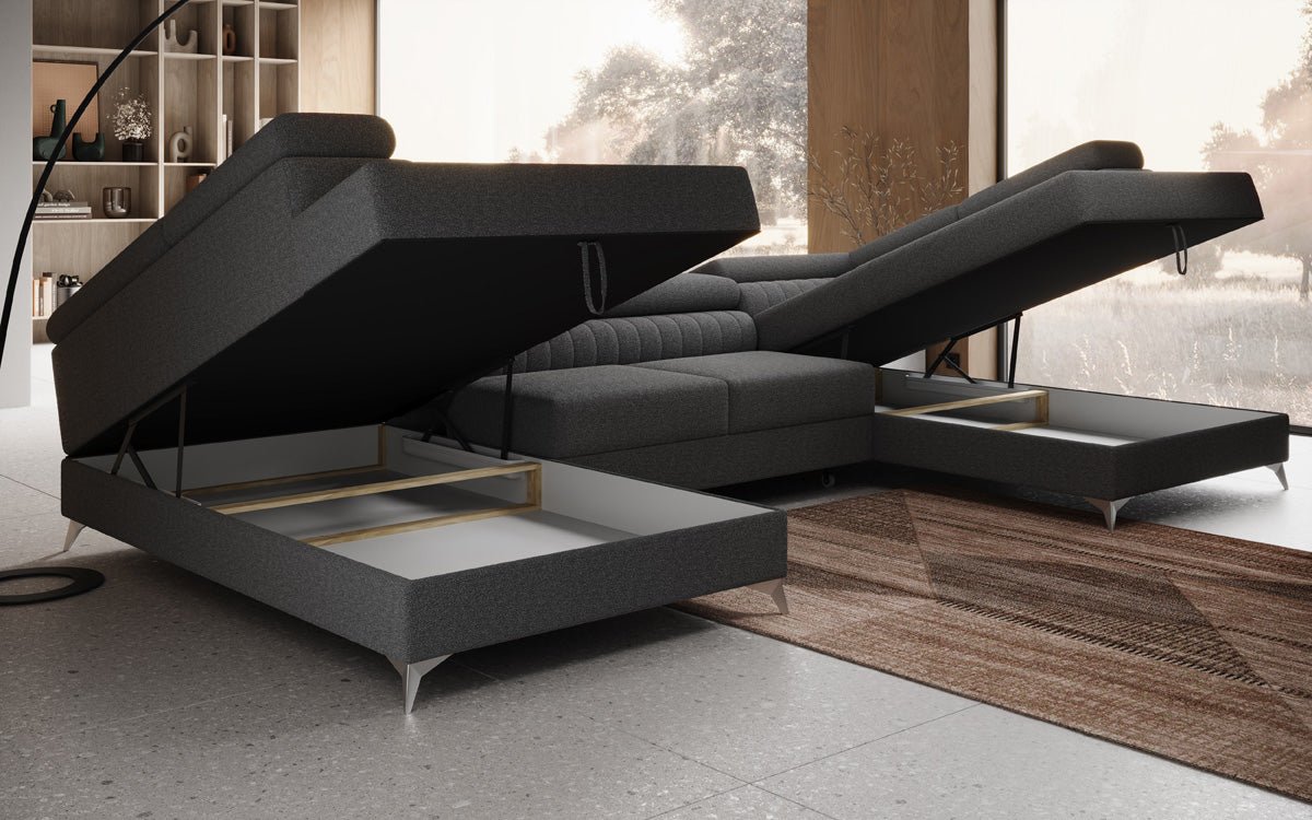 Luxusbetten24 Aurea U Sofa mit Schlaf‑ und Klappfunktion in Bouclé
