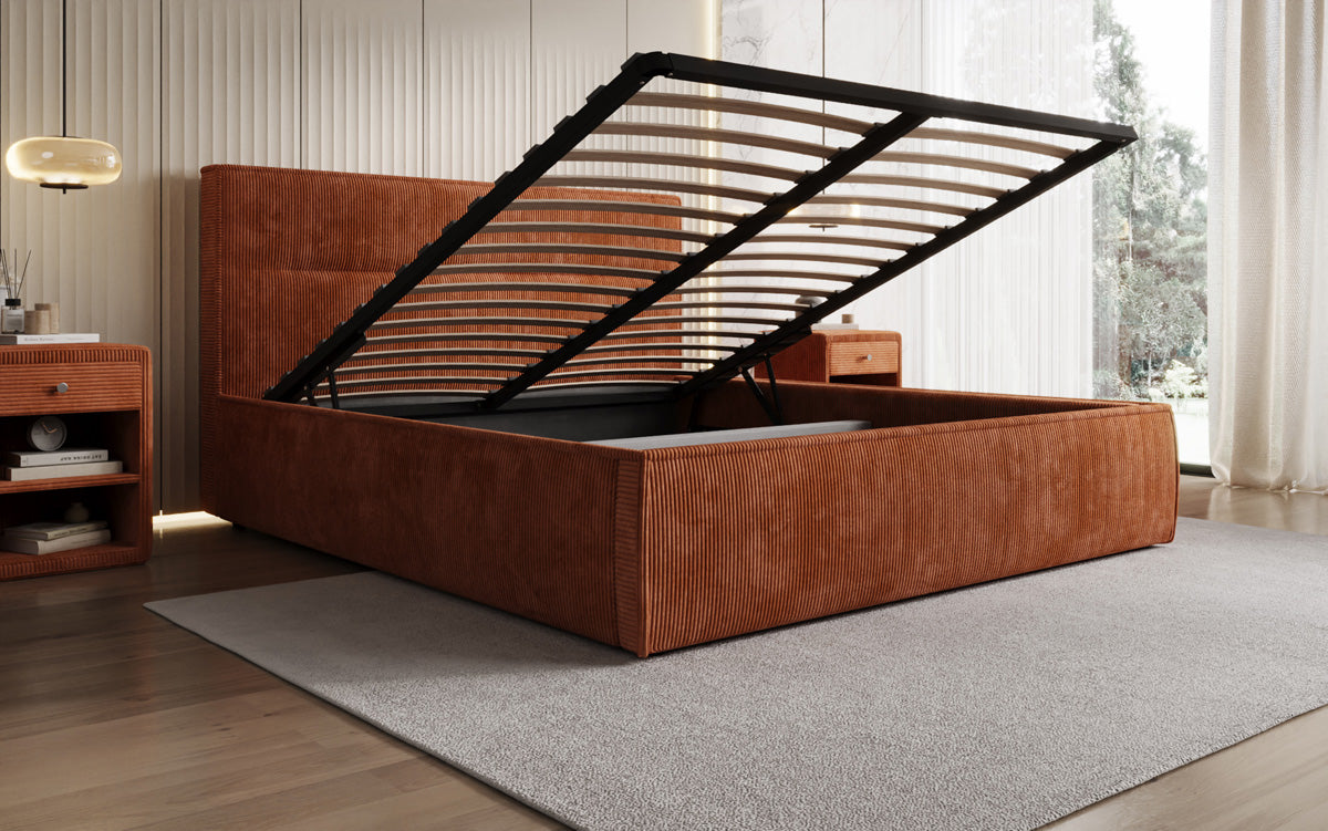 Designer Polsterbett Merry in Cord mit Stauraum