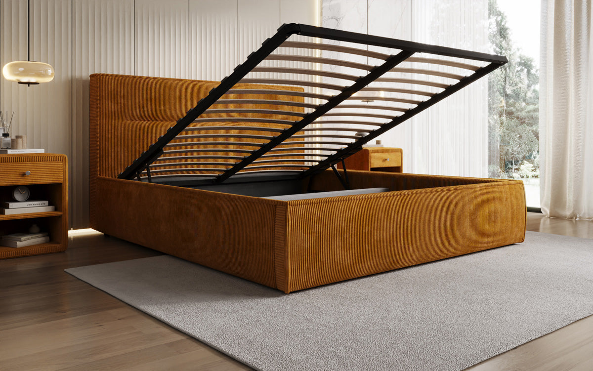 Designer Polsterbett Merry in Cord mit Stauraum