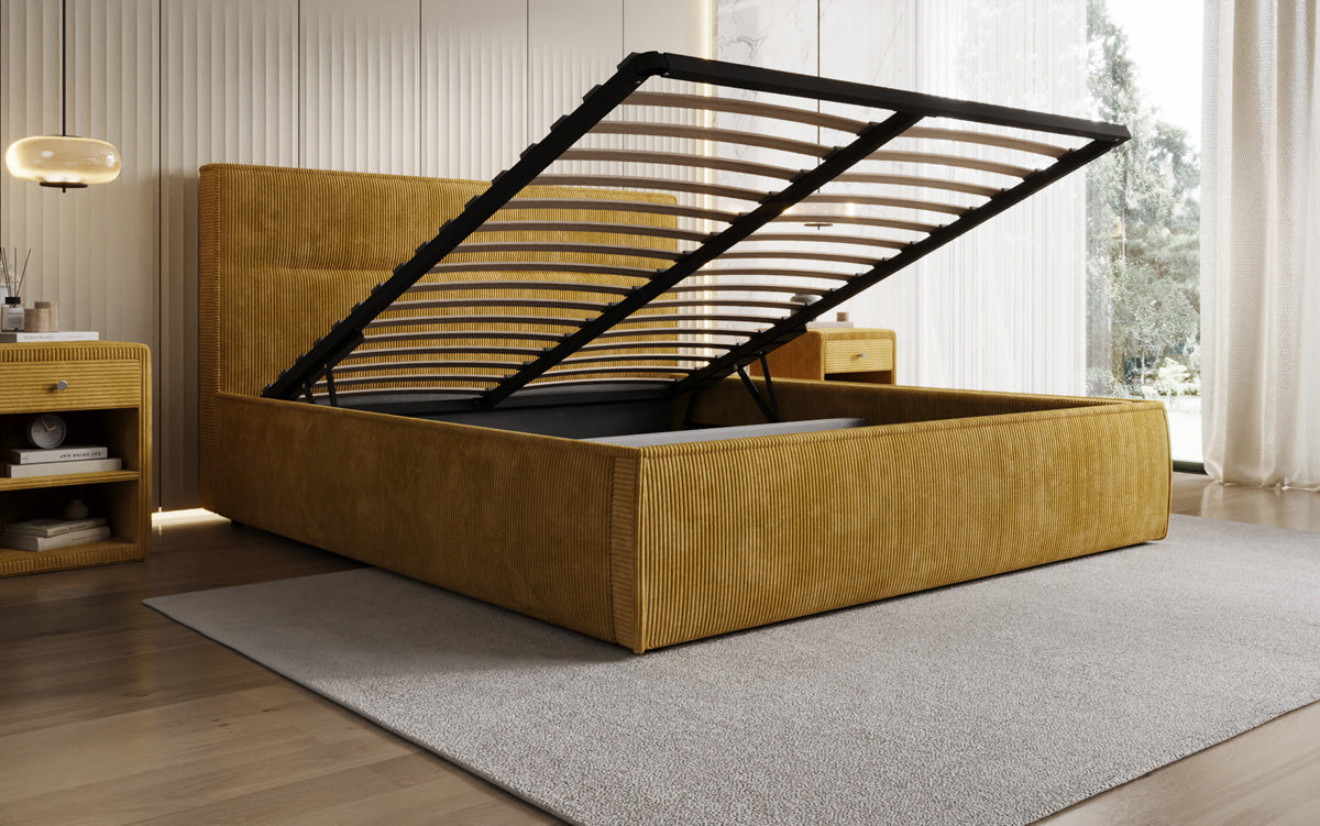 Designer Polsterbett Merry in Cord mit Stauraum