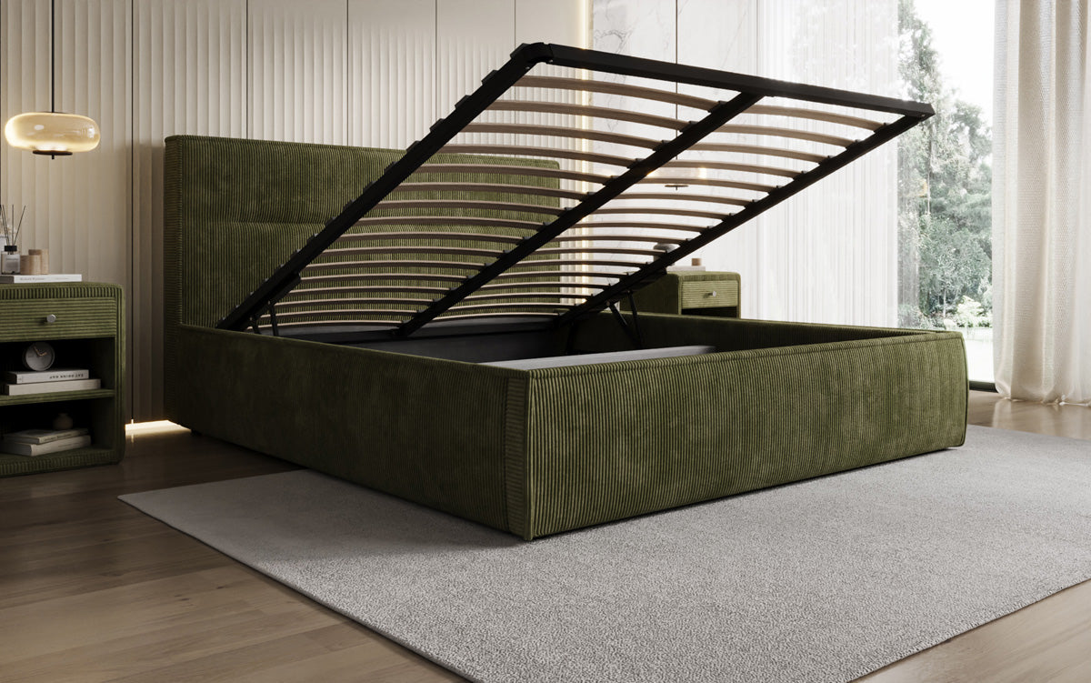 Designer Polsterbett Merry in Cord mit Stauraum