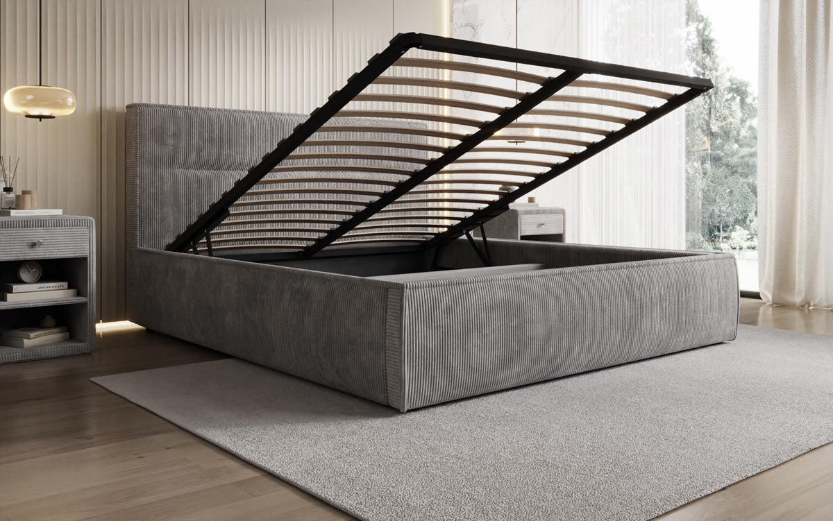 Designer Polsterbett Merry in Cord mit Stauraum