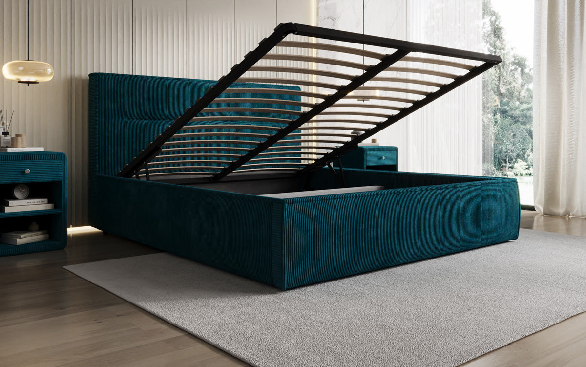 Designer Polsterbett Merry in Cord mit Stauraum
